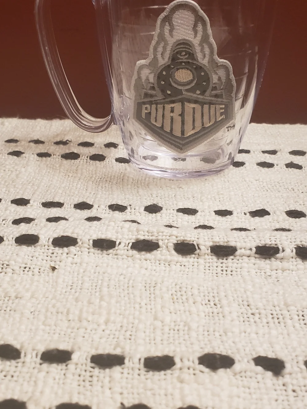 tervis clear mug with black and cream Purdue patch